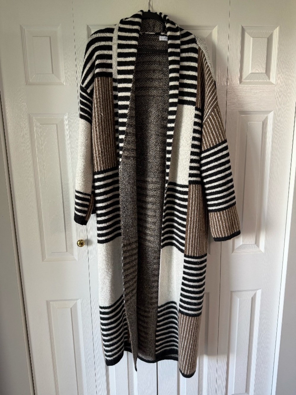 Long Striped Cardigan Duster Womens Neutral Colorblock Open Front Cozy Sweater